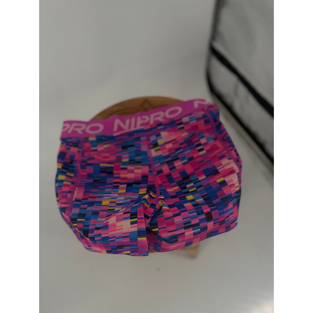 Nike Pro Women Pink Blue Pixel Geometric Compression Shorts 3in S/M